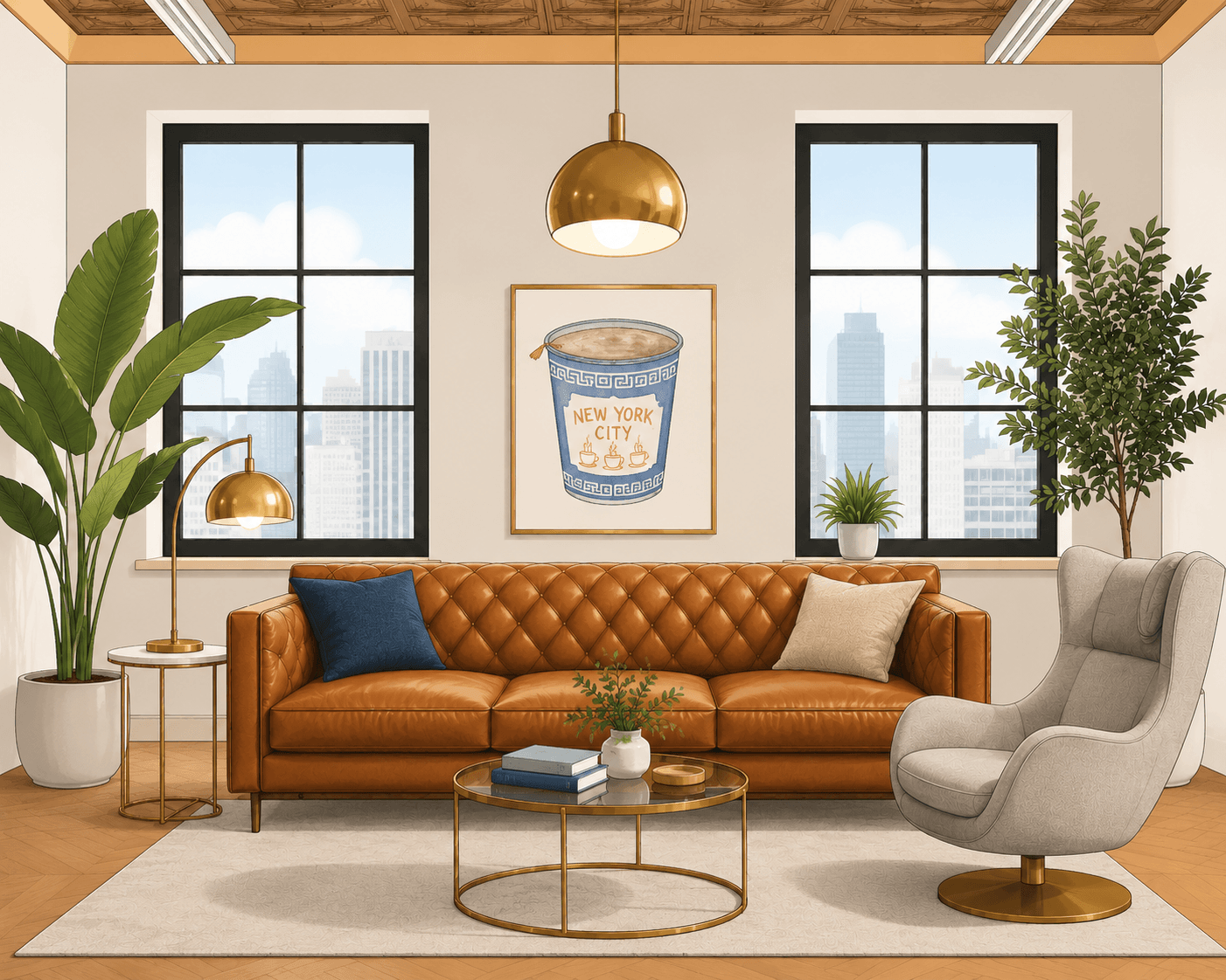An illustration of Dr. Martínez's longtime New York office — a tufted leather couch, gold lamps, and the city skyline in the windows