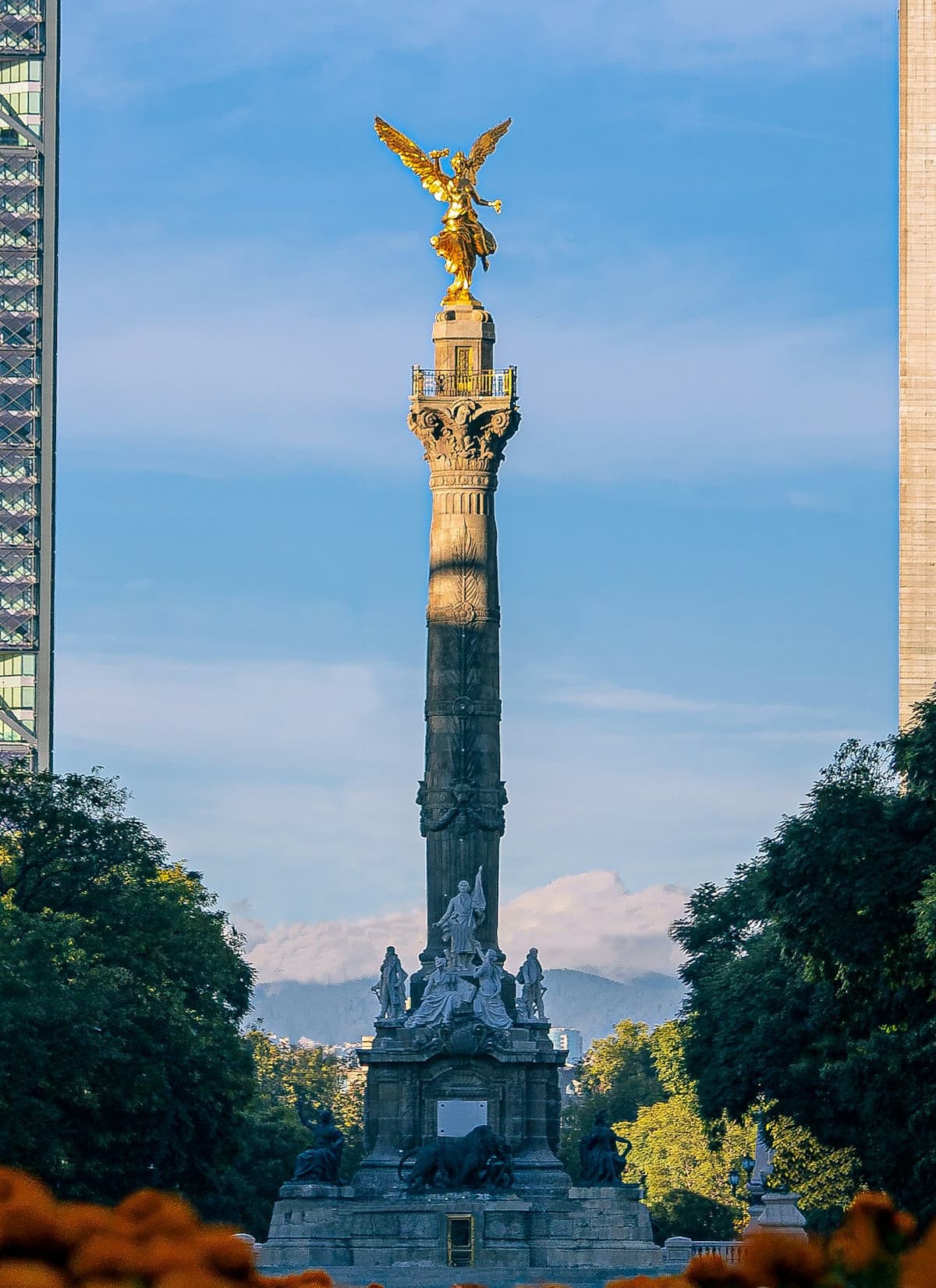 The golden Angel of Independence on its column in Mexico City, framed by trees and towers in warm light